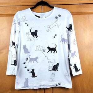 Vintage 90s Morning Sun All Over Cat Print Blingy Top - M